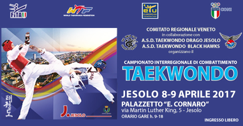 Sabato 8 e domenica 9 aprile 2017 dalle ore 9 alle ore 18 si svolge al PalaCornaro il Campionato Interregionale di Combattimento Taekwondo 