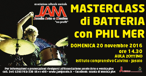 Masterclass di batteria con Phil Mer a Jesolo, 20 novembre 2016