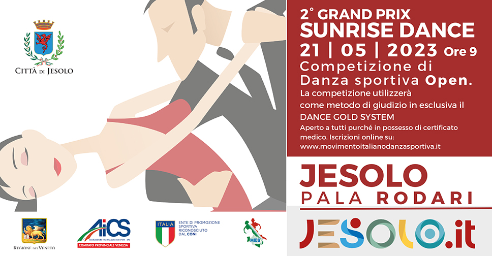 2° Grand Prix di Danza Sportiva AiCS 21 maggio 2023 a Jesolo. Immagine stilizzata di un ballerino e una ballerina nella figura del casquè