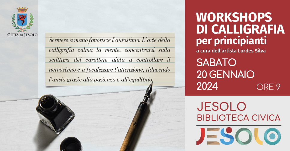 Workshop di calligrafia per principianti a Jesolo sabato 20 gennaio 2024 - immagine calamaio e pennino con frase in corsivo