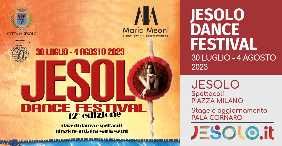 Jesolo Dance festival stage di danza e spettacoli, a Jesolo dal 30 luglio al 4 agosto 2023 Scritta Rossa Jesolo Dance festival, a lato immagine di una ballerina con tutù rosso