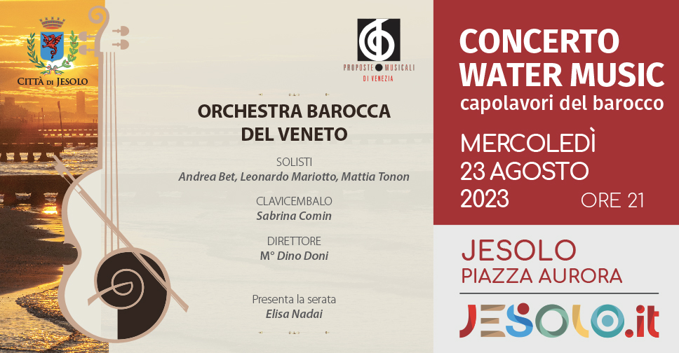 Water music concerto sinfonico dal barocco al pop. Jesolo 23 agosto 2023 immagine violini stilizzato e Arenile di Jesolo