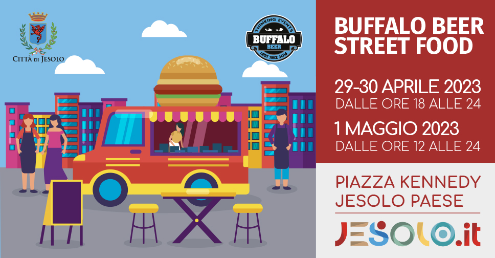Buffalo beer street food il 29-30 aprile e 1 maggio 2023 a Jesolo. Immagine di un Van colorato con un panino gigante sul tetto, e tavolino con due sgabelli 