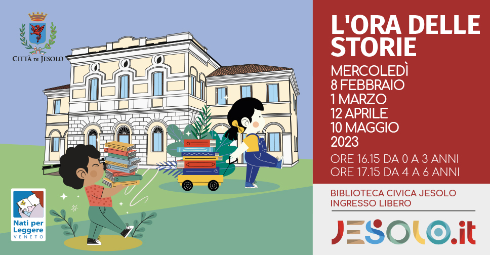 l'ora delle storie a jesolo. disegno di bambini conlibri in mano e in un carrettino, davanti alla biblioteca 