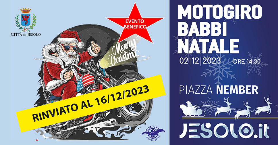 Motogiro Babbi Natale a Jesolo sabato 2 dicembre 23 - immagine babbo natale in moto con scritta merry christmas