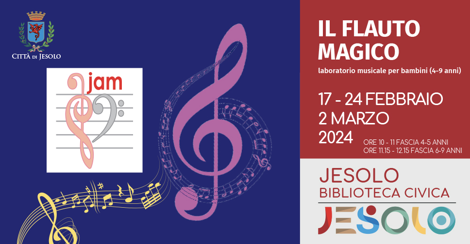 Il Flauto magico laboratorio di musica per bambini presso la Biblioteca di Jesolo, il 17 e 24 febbraio, 2 marzo 2024. Immagine di una chiave di violino in rosa su fondo blu e pentagramma con note in giallo 