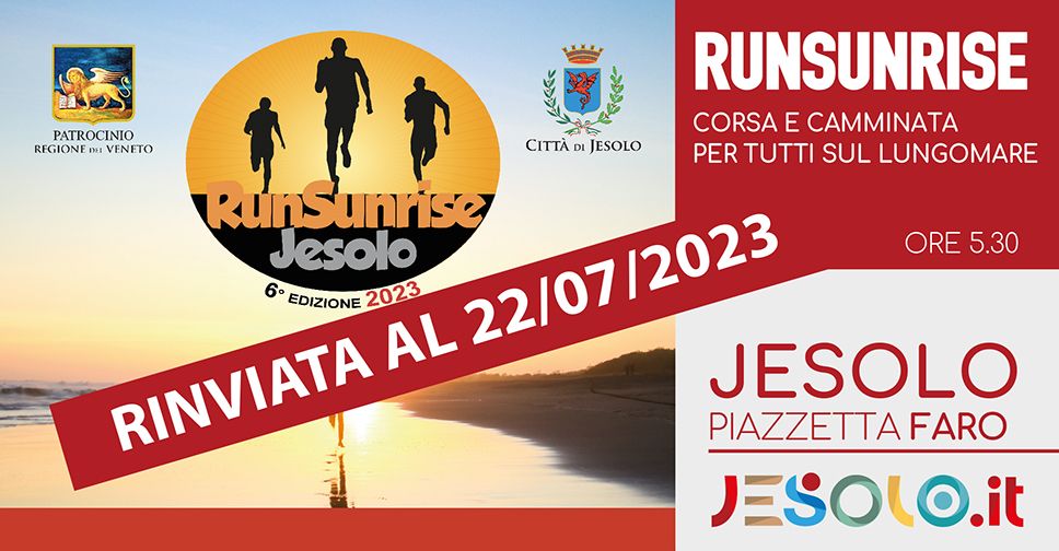 RunSunrise 2023 Jesolo -immagine di un alba in riva al mare e il logo Run Sunrise Jesolo