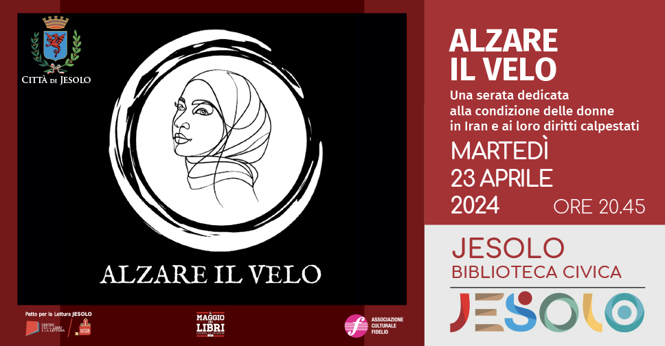 alzare il velo - letture presso la biblioteca di jesolo martedì 23 aprile 2024 - profilo di donna col velo disegnato su sfondo nero