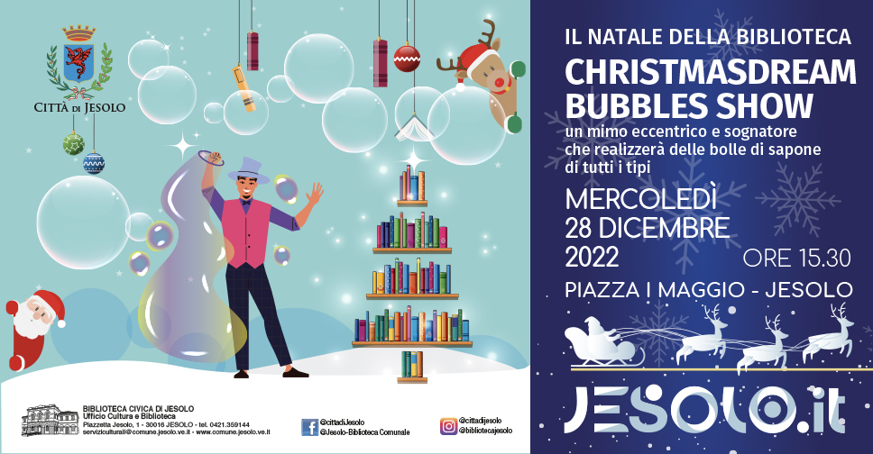 Christmasdream Bubbles Show a Jesolo. Disegno di artista che fa le bolle, albero di natale fatto con libri