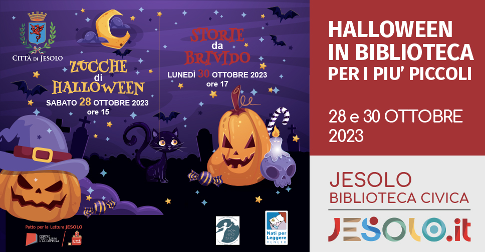 Halloween in biblioteca per i più piccoli. 28 e 30 ottobre a Jesolo. immagine di due zucche arancioni su cielo viola con stelline arancioni e azzurre e fondo nero