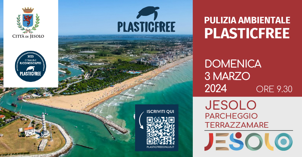 Jesolo plastic free domenica 3 marzo 2024. immagine del litorale di jesolo, logo plsdtic free e qr per iscrizione