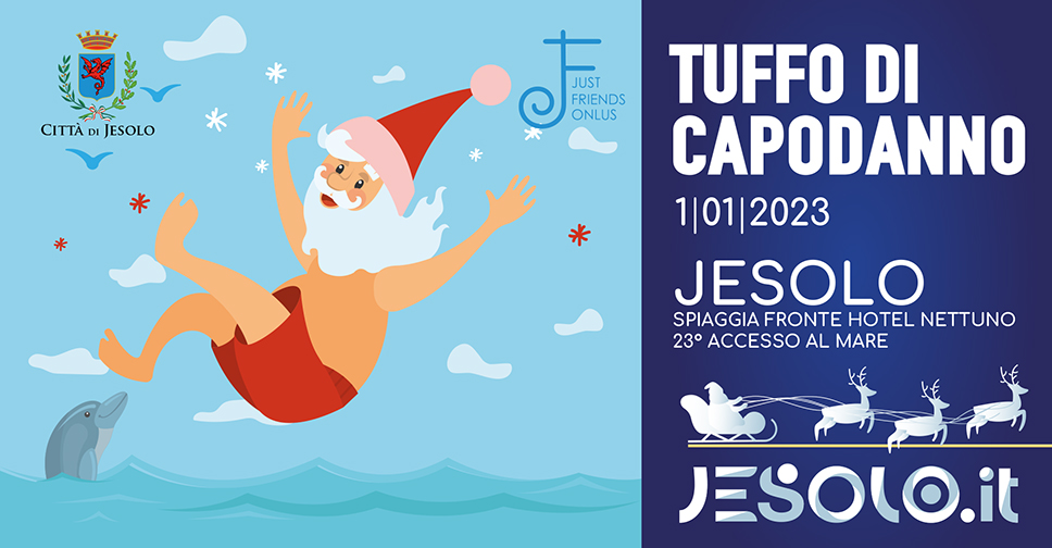 Tuffo di Capodanno 2023 a Jesolo per Just Friends Onlus: immagine di Babbo Natale in costume che si tuffa in mare