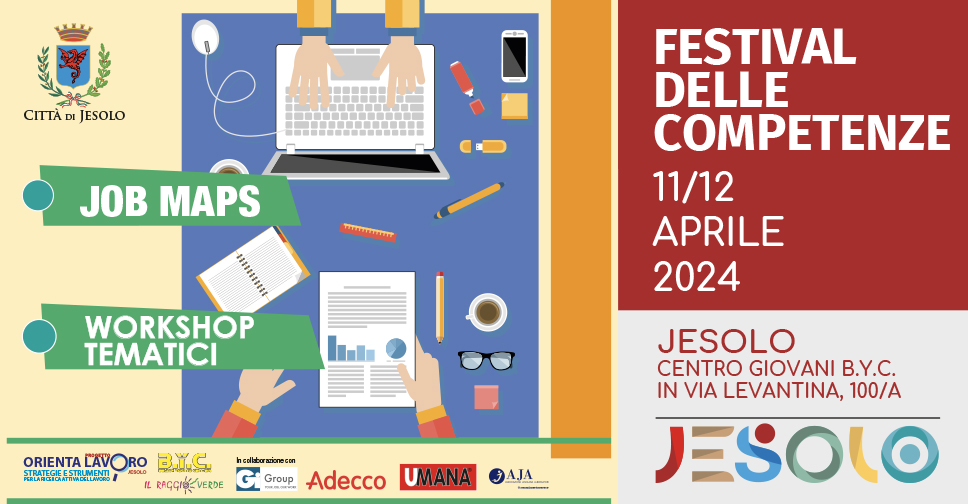 Festival delle competenze BYC Jesolo 11-12 aprile 2024 - immagini scrivania con pc e altro materiale 