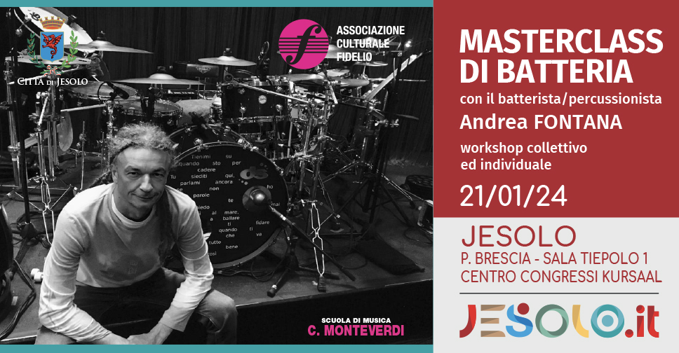 Masterclass di batteria con Andrea fontana il 21 gennaio 2024 a Jesolo. foto di andrea fontana seduto davanti la batteria